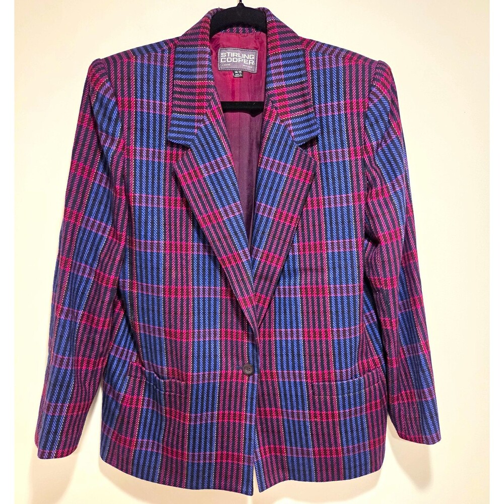 Vintage 80s 90s Wool Blend Plaid Blazer Jacket Sz 14/15 Dark Academia Career